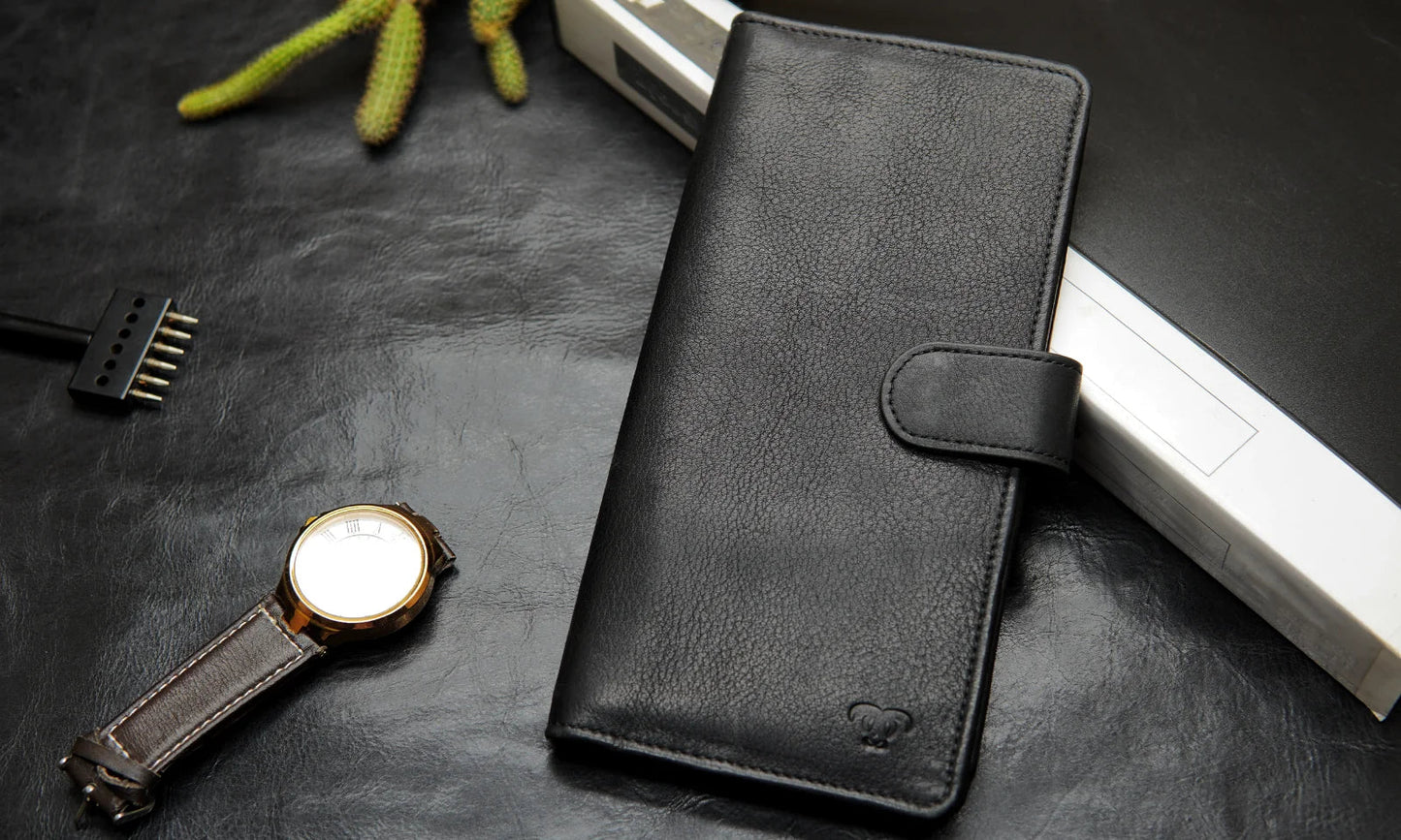 Premium leather wallet with multiple compartments for organized storage.