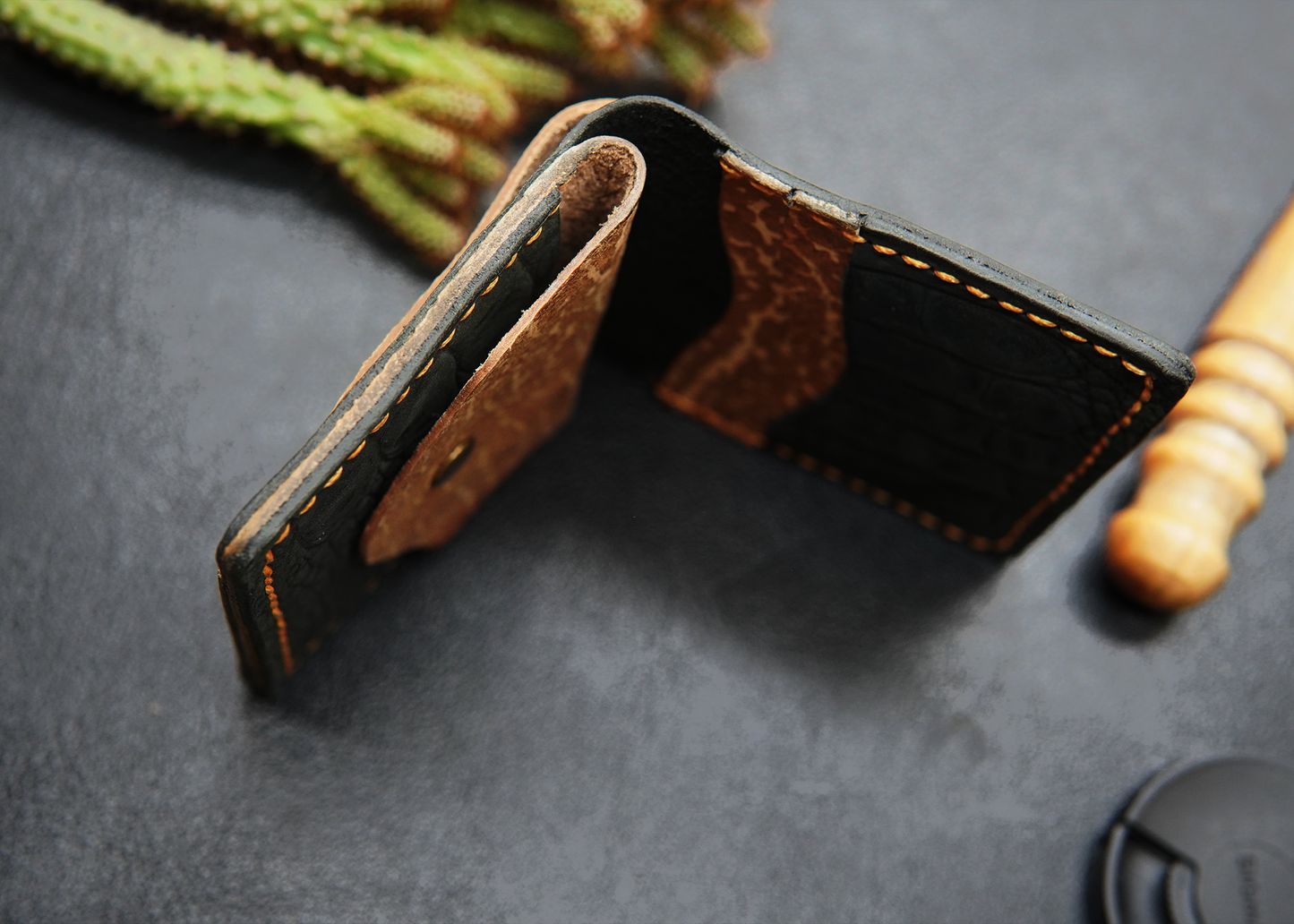 Handcrafted brown crunch leather wallet with a durable design, perfect for everyday essentials.