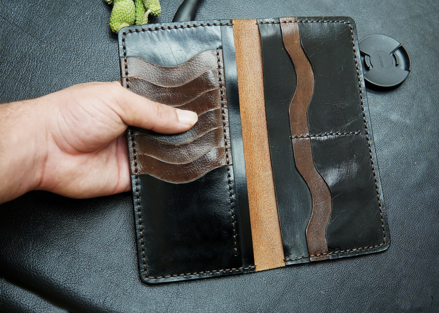 Luxury leather wallet with a mobile compartment and multiple card slots