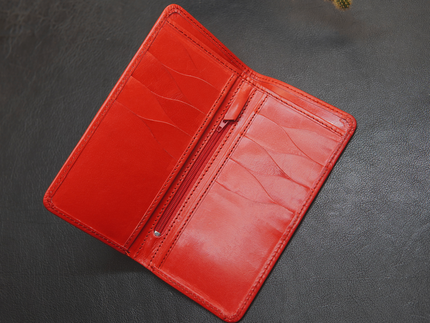 bifold long red leather wallet for men and women