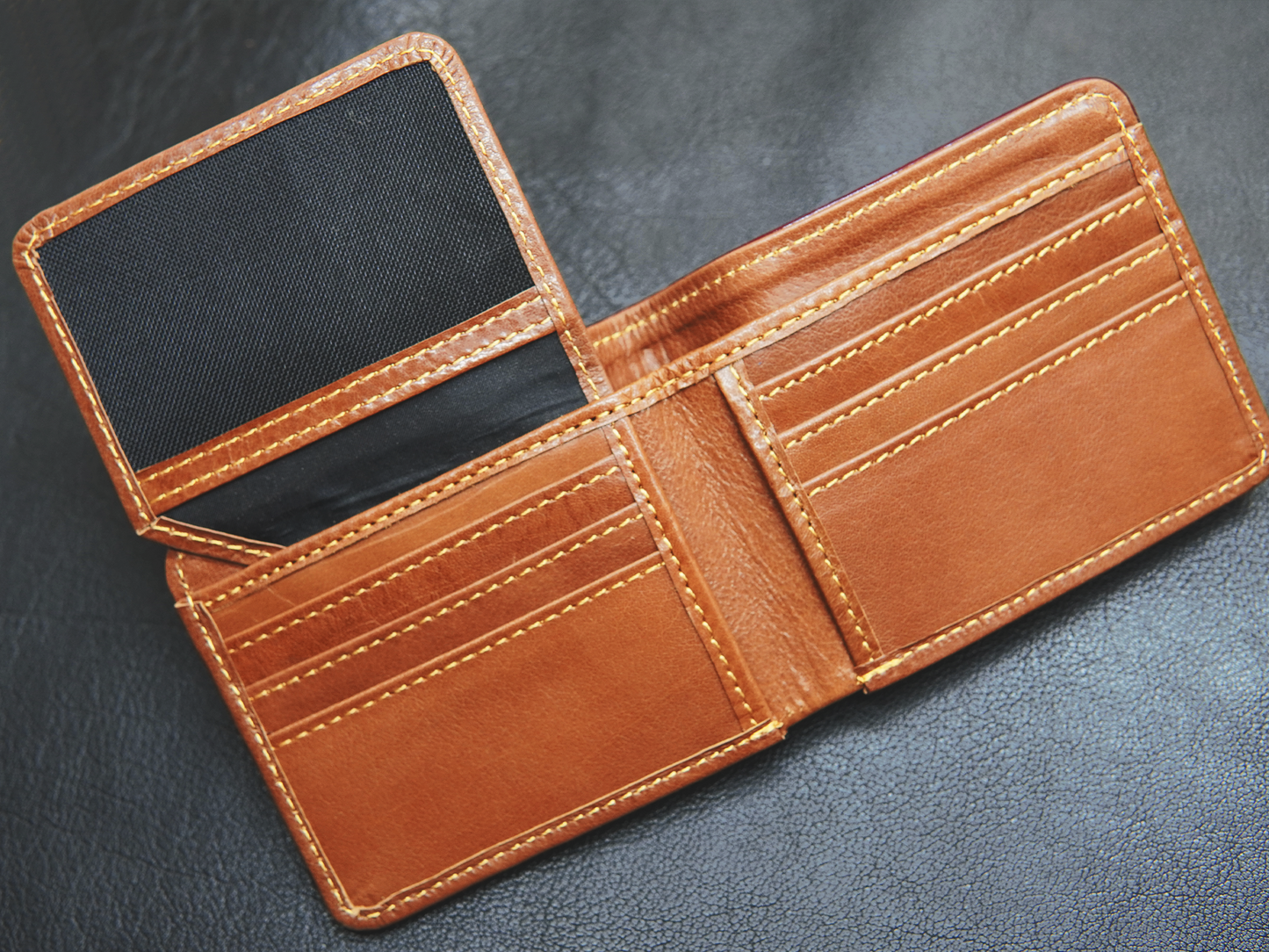 Detailed view of 8 card slots and ID slot in Velario Classic leather wallet for everyday use