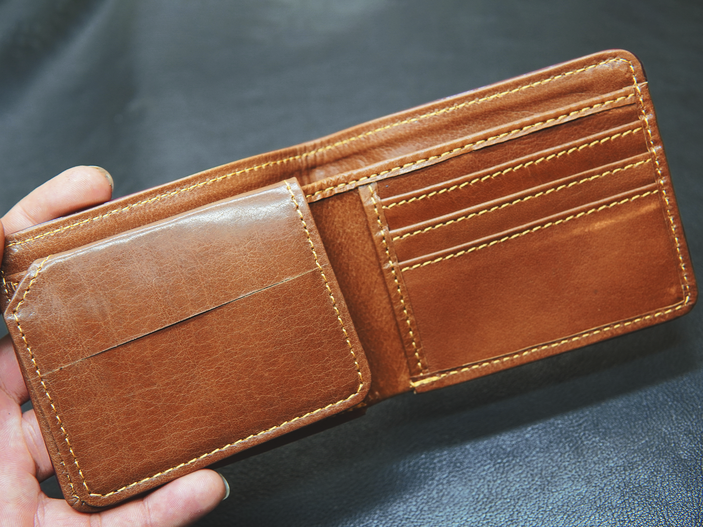 Detailed view of 4 card slots in Velario Classic leather wallet for everyday use