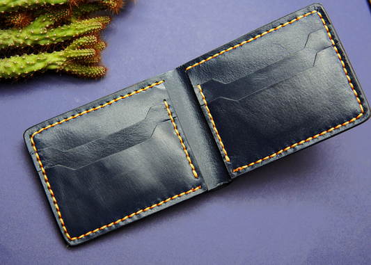 Blue leather wallet for men with 4 card slots and 1 cash compartment – handmade and stylish.

