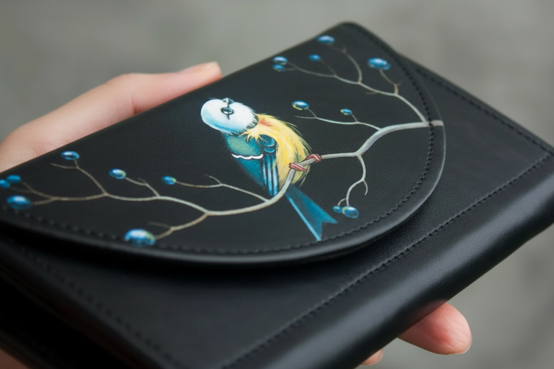Black wallet with bird design held by a hand against a gray background