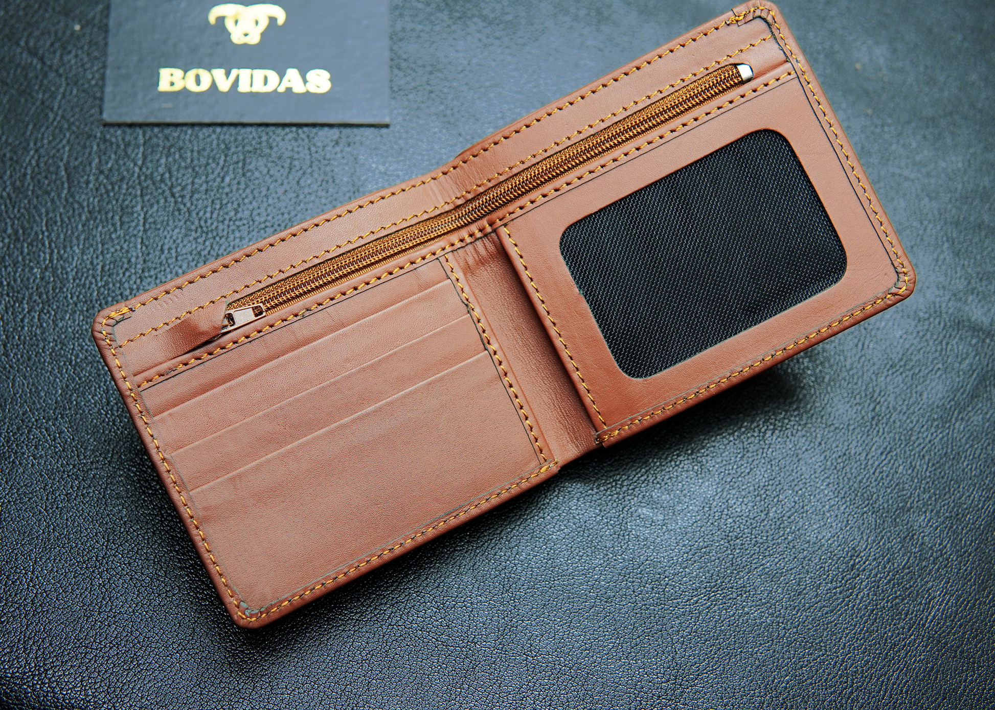 Men’s wallet with 3 card slots, 1 ID compartment, and 2 cash compartments.