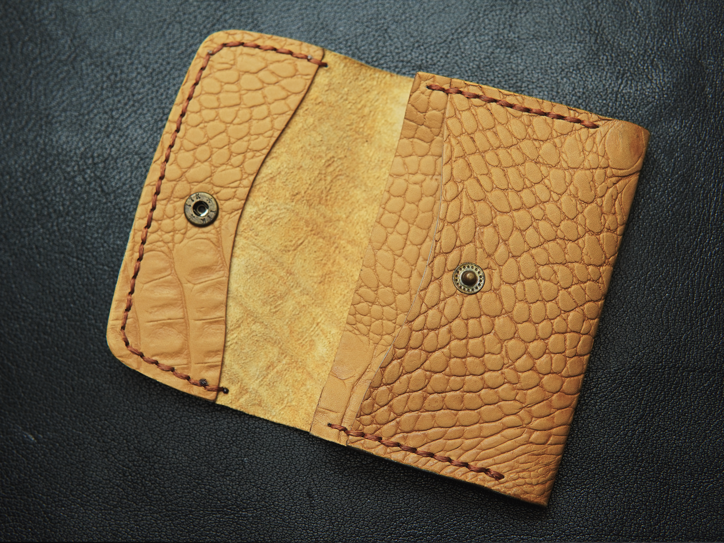Crocodile texture handmade leather wallet showing card slot, and cash compartment