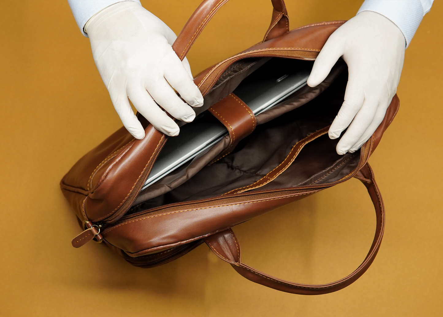Handmade brown leather office bag with laptop and file compartments