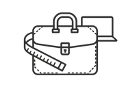 Minimalist black line art icon showing a leather laptop bag with a measuring tape around it and a laptop outline, featuring stitching details to indicate handcrafted quality