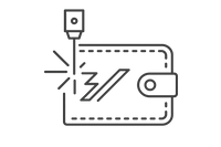 Minimalist black line art icon showing a wallet with precise laser engraving patterns, featuring clean lines on a transparent background