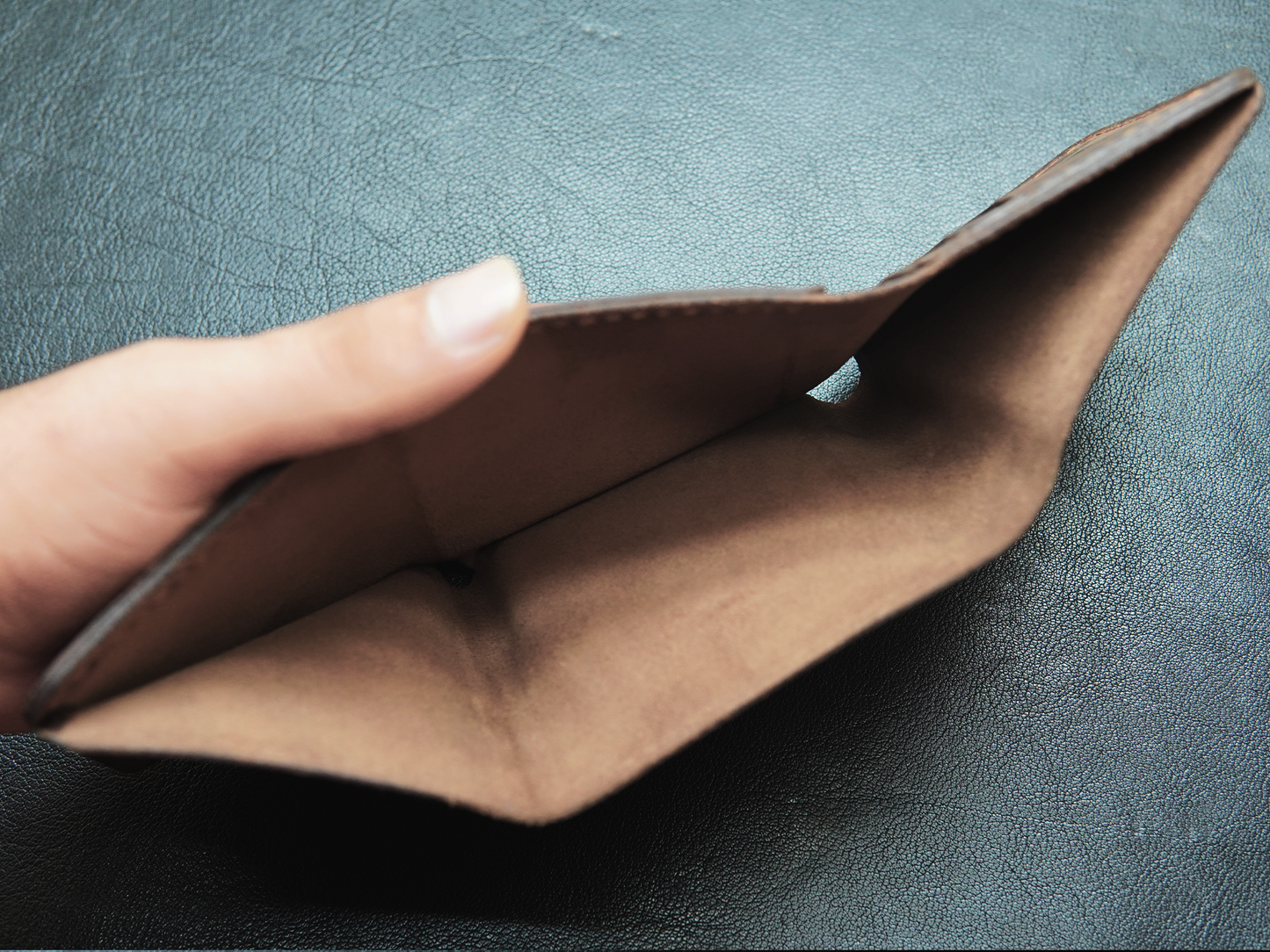 Interior of Cargo wallet showing full-length cash compartments.