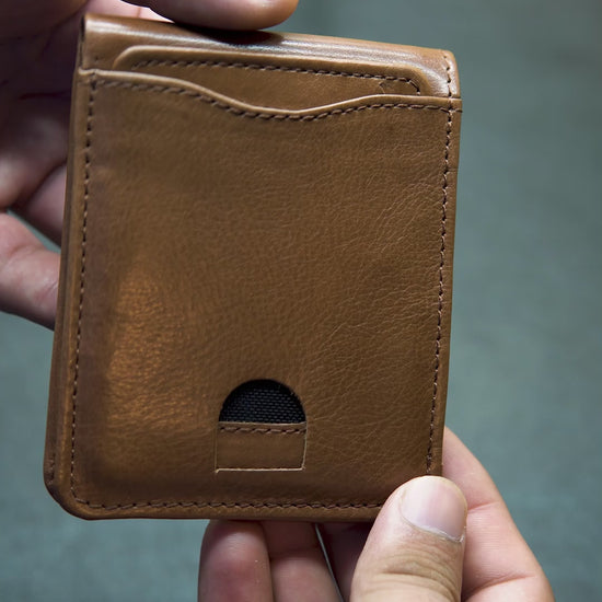 Video showing BOVIDAS FlexiFold bronze wallet with removable insert, card slots, and full interior view
