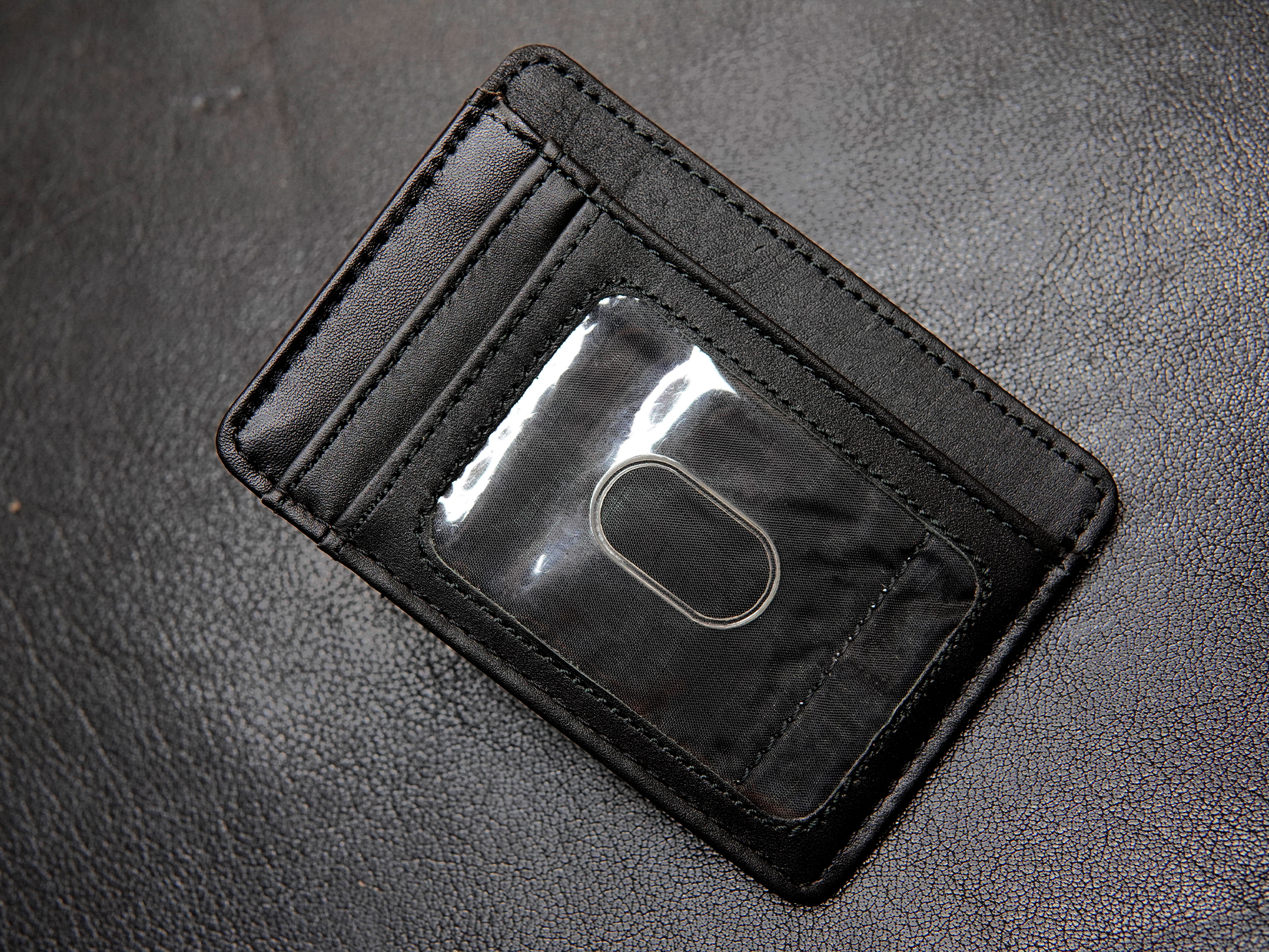  slim black leather card holder for men with 2card slots and 1 photo slot"