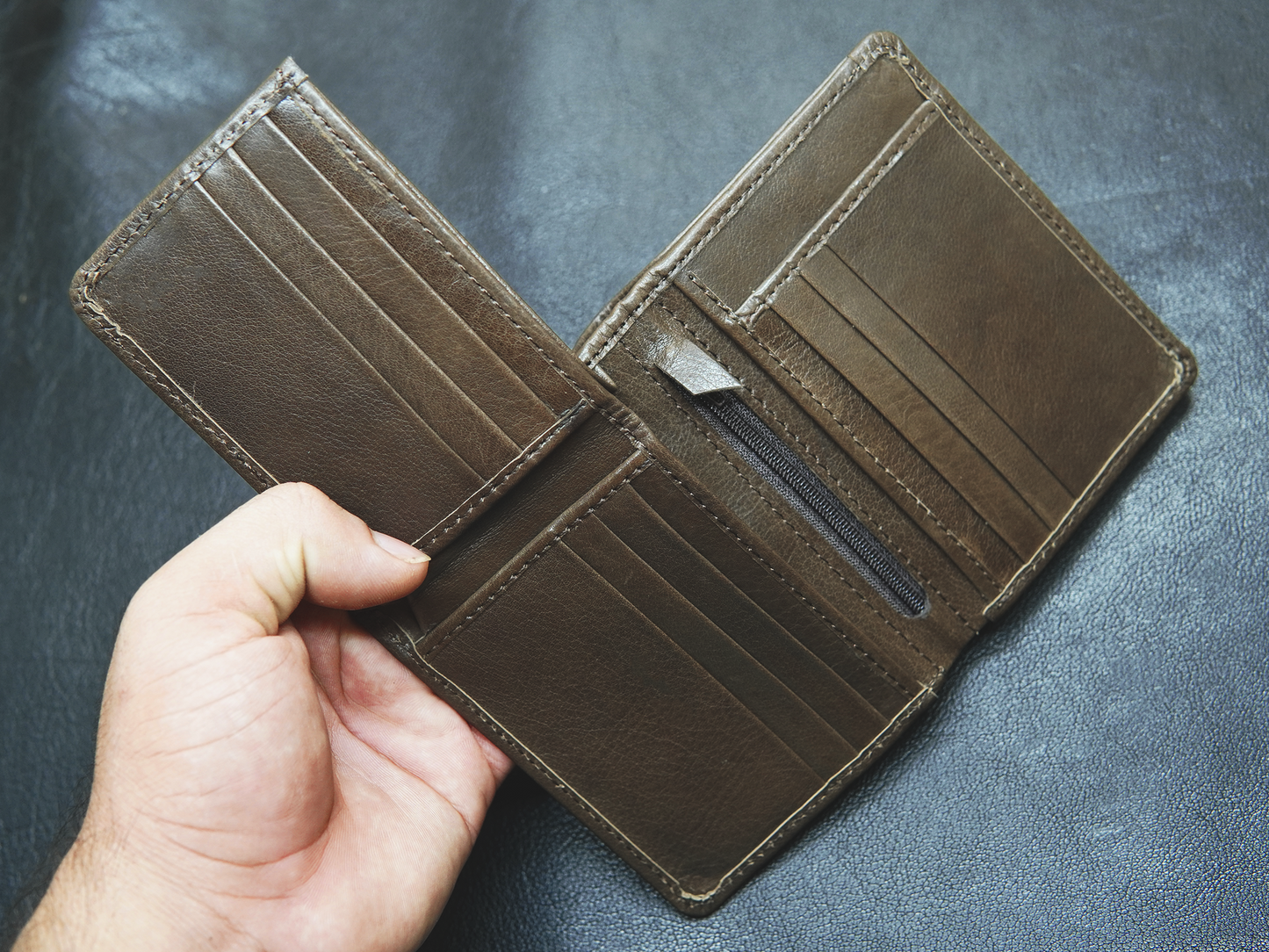 Brown leather wallet for men with 12 card slot design in a 4+4+4  layout