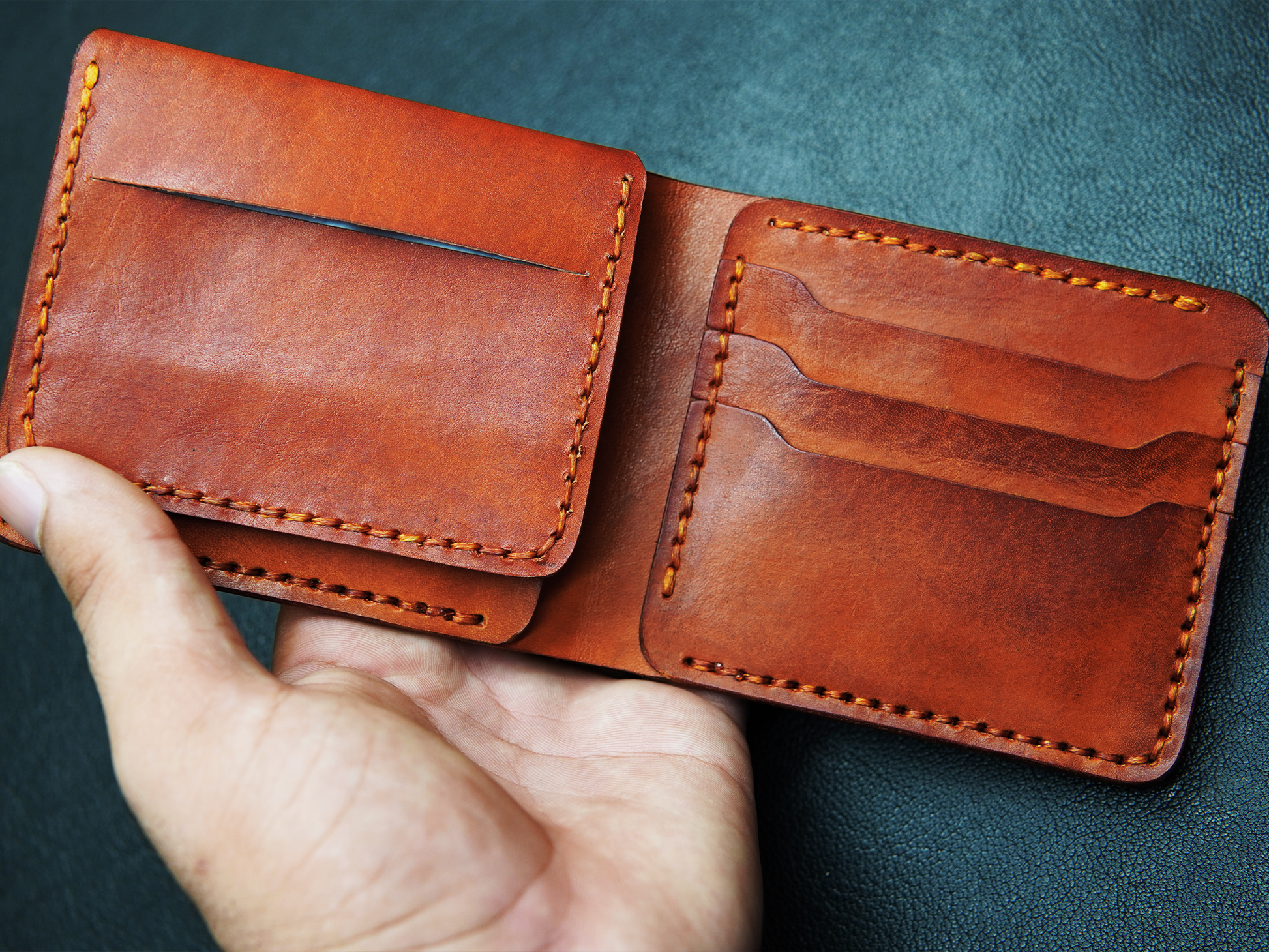 Rustic orange handmade bifold leather wallet 